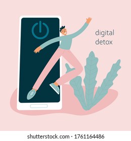 Digital detox concept. Young person jumps out from smartphone trying to limit social media time. Rejection of gadgets, internet addiction. Flat cartoon modern illustration.