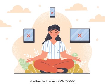 Concepto de desintoxicación digital. Mujer joven sentada en posición de loto con computadora, tablet y smartphone. Gadgets y dispositivos. Meditación, concentración y atención. Dibujo vectorial plano de dibujos animados