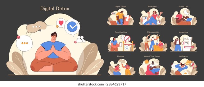 Digital detox dark or night mode set. Characters practicing mindfulness, reducing screen time, and enjoying tech-free zones. Disconnected or turned off gadget. Flat vector illustration