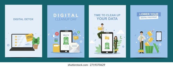 Plakat für digitale Entgiftung und Datenbereinigung. Set von vier digitalen Entgiftungs- und Aufräumplakaten mit Laptop, Smartphone und deklatschenden Daten. Geringerer digitaler Fußabdruck und geringere Online-Gewohnheiten Vektorgrafik