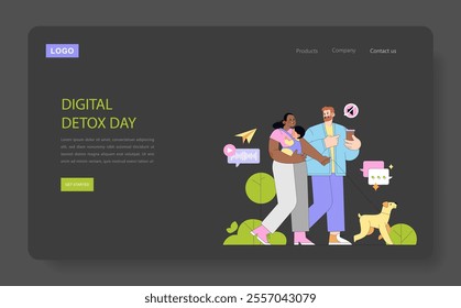 Digital Detox Day concept. A family enjoying the outdoors, disconnected from devices. Embracing nature, quality time, and a pet. Vector illustration.
