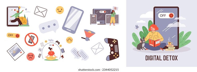 Digital detox day design elements set of cartoon characters and icons, flat vector illustration isolated on white background. Digital detox and internet addiction bundle.