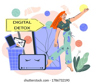 Digital  detox and day free of devices concept  with woman character among switched of gadgets. Internet, social media  and phone addiction. Cartoon vector illustration.