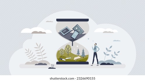 Digital detox and escape from technology to nature tiny person concept. Exit cyberspace to outdoor relaxation and disconnect from gadgets vector illustration. Turn off smartphone and enjoy forest.