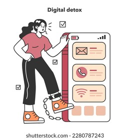 Digital detox. Female character chained to a digital device. Breaking a smartphone, internet and social media addiction. Ballanced life and mental health. Flat vector illustration