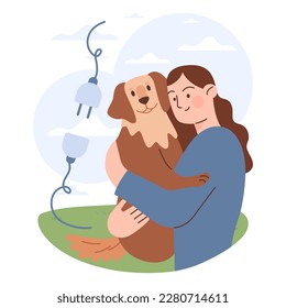 Digital detox. Female character taking a break from digital device. Happy woman spending time with her dog. Disconnected or unplugged gadget. Ballanced life and mental health. Flat vector illustration