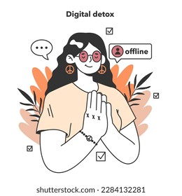 Digital detox. Female character taking a break from digital device. Happy woman relaxing without a phone. Disconnected or turned off gadget. Ballanced life and mental health. Flat vector illustration