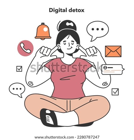 Digital detox. Female character taking a break from digital device. Happy woman relaxing without a phone. Disconnected or turned off gadget. Ballanced life and mental health. Flat vector illustration [[stock_photo]] © 