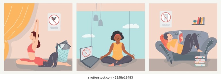 Digital detox flat set with people taking break from using gadgets and reading doing yoga and meditating isolated vector illustration