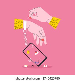 Digital detox. Free yourself from digital addiction, namely smartphones, social networks, and the Internet. Flat design illustration.