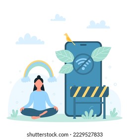 Digital detox, freedom from addiction vector illustration. Cartoon tiny woman sitting in lotus yoga pose without information from news and social media, wireless network block on phone screen