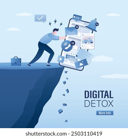 Desintoxicación digital, concepto de libertad. Un usuario descontento empuja un gran teléfono inteligente desde el acantilado hacia el abismo. Adicción a las redes sociales, juegos y App. Exención del problema de dependencia móvil. Ilustración vectorial plana