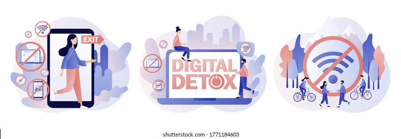 Digital detox. Freedom from internet, smartphones and social media. Tiny people relax in nature. Modern flat cartoon style. Vector illustration on white background