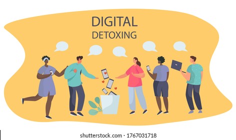 Digital Detox and Gadget Disconnecting.Characters Threw Phones in the Trash and Talk to Each Other.Escape from Internet and Digital Media Addiction.Healthy Lifestyle.Flat Vector Illustration