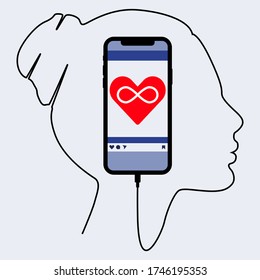 Digital detox. Girl dreams about likes. Gadget addiction illustration.
