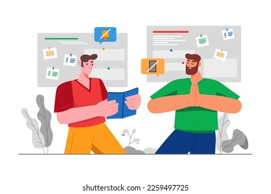 Digital detox gray concept with people scene in the flat cartoon design. Two man decided to take a break from digital gadgets and rest. Vector illustration.