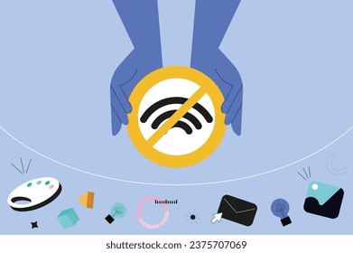 Digital detox hands concept in the flat cartoon design. Separation of real life from life in online networks is the main motto of this work. Vector illustration.