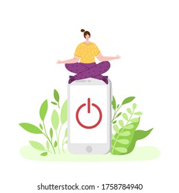Digital detox - happy girl is meditating and relaxing. Miniature woman in lotus pose and huhe mobile phone. Freedom from smartphones, social media and internet. Disconnect offline devices - vector