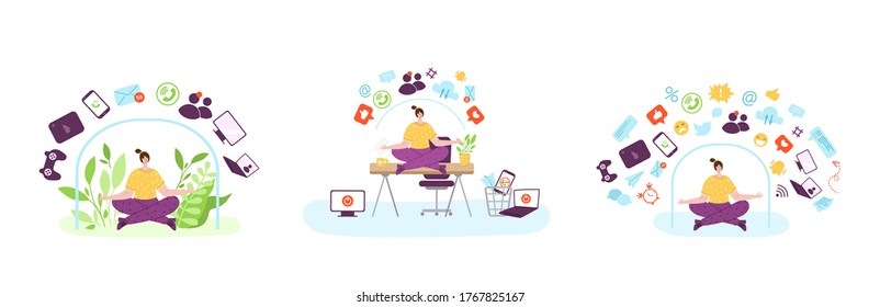 Digital detox - happy girl is meditating on work place in office. Woman in lotus pose on desk and devices, gadgets. Freedom from smartphones, social media, internet. Disconnect from information vector