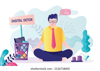 Digital detox. Happy male employee relaxes in lotus pose. All gadgets thrown in trash can. Refusal of digital devices. Relax without social media. No internet addiction. Gadgets switch off. Vector 