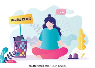 Digital Detox. Happy Woman Relaxes In Lotus Position. All Gadgets Are Thrown Into Trash Can. Refusal Of Digital Devices. No Internet Addiction. Gadgets Switch Off. Flat Vector Illustration