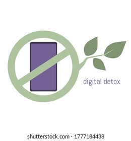 Digital detox icon. Phone in a crossed out circle of green tree branch. Vector illustration in flat design.