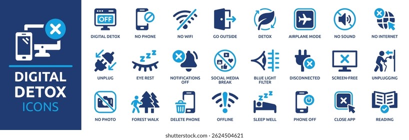 Digital detox icon set. Containing unplug, no phone, offline, airplane mode, no wifi, turn off notifications, forest walk and more. Solid vector icons collection.