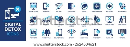 Digital detox icon set. Containing unplug, no phone, offline, airplane mode, no wifi, turn off notifications, forest walk and more. Solid vector icons collection.