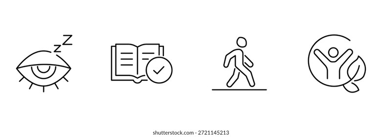 Conjunto de ícone digital desintoxicação, descanso do sono dos olhos, leitura de verificação do livro, exercício de caminhada, folha ilustração bem-estar feliz.