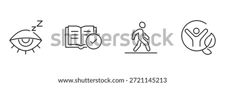 Digital detox icon set, eye sleep rest, reading book check, walking exercise, leaf happy wellness illustration.