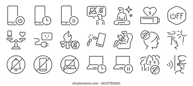 Digital Detox icon set. It included screen-free, digital balance, screen time, nature, and more icons. Editable Vector Stroke.