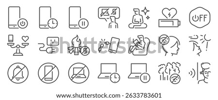Digital Detox icon set. It included screen-free, digital balance, screen time, nature, and more icons. Editable Vector Stroke.