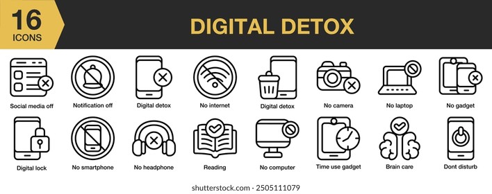 Conjunto de iconos de desintoxicación digital. Incluye cuidado del cerebro, desintoxicación digital, bloqueo digital, no molestar, sin cámara, sin gadget y más. Colección de Vector de iconos de contorno.