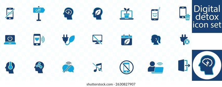 Digital detox icon set. no phone, offline, airplane mode, no wifi, turn off notifications, forest walk and more.