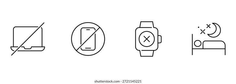 Conjunto de iconos de desintoxicación digital, sin pantalla de computadora portátil, sin teléfono inteligente, reloj inteligente apagado, ilustración de descanso nocturno de sueño pacífico.