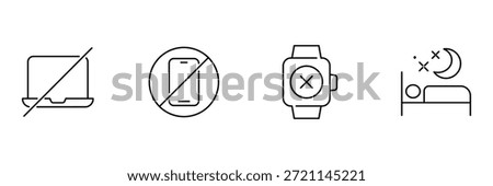 Digital detox icon set, no laptop screen, no smartphone, smartwatch off, peaceful sleep night rest illustration.
