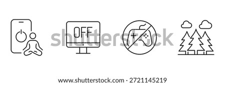 Digital detox icon set, phone meditation, monitor power off, no gaming controller, nature forest trees illustration.