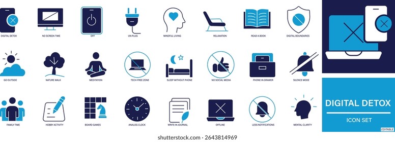Digital Detox Icon Set showing screen free lifestyle and healthy daily habits. Perfect for wellness, mindfulness, and self care content.