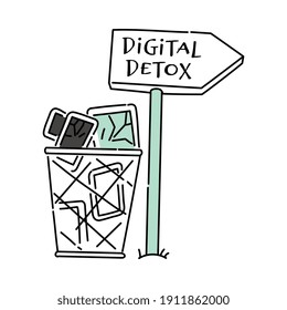 Digital detox icon with a trash bin full of digital devices, cartoon sketch vector illustration isolated on white background. Offline day in online communication.