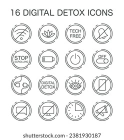 Conjunto de iconos de desintoxicación digital. Atención, reducción del tiempo de pantalla y disfrute de zonas libres de tecnología. Desconectado o desactivado el símbolo de gadget. Vida equilibrada y salud mental. Ilustración vectorial plana