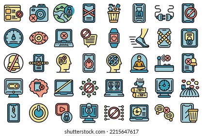 Digital detox icons set outline vector. Offline addiction. Habit reading color flat isolated