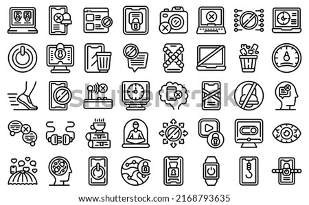 Digital detox icons set outline vector. Offline addiction. Habit reading