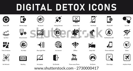 Digital Detox Icons set vector illustration with collection of power off device usage no sound unplug device screen free no phone turn off eye rest disconnected no computer nothing photo notification off walking no signal time to nature deny video blue light filter nothing internet offline sleep well phone addicted detox nothing network reading nothing laptop go outside throw away phone close apps airplane mode