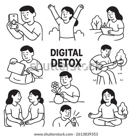 Digital detox illustrations showcase various activities promoting mindfulness and connection. Engaging in nature, creativity, and personal interactions fosters well being and reduces screen time
