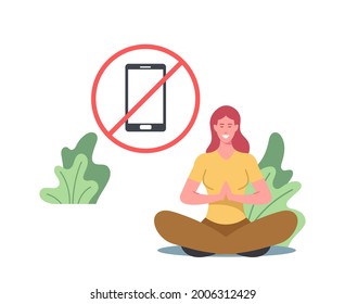 Digital Detox, Information Ecology, Staying Away From Online Communication Concept. Character Meditate, Exit Social Media Networks, Turn Off Gadgets And Electronic Device. Cartoon Vector Illustration