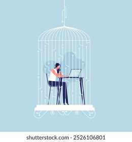 Digital detox and internet addiction bundle concept, businesswoman working on computer in the bird cage, need digital detox. Problems of cyber dependence. Mental burden