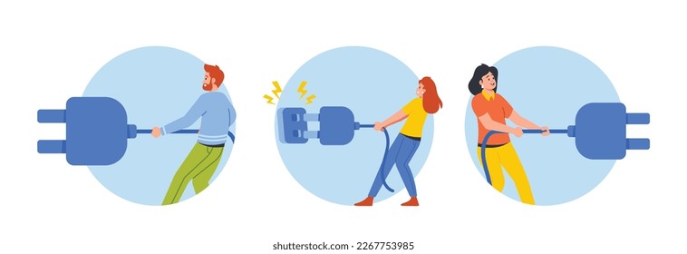 Digital Detox Isolated Round Icons or Avatars with Tiny People Pull Plug Disconnecting From Technology, Importance Of Unplugging And Taking Time For Oneself. Cartoon Vector Illustration