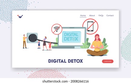 Digital Detox Landing Page Template. Tiny Characters Disconnect Laptop Plug, Exit Social Media Networks, Turn Off Gadgets and Electronic Devices for Offline Relax. Cartoon People Vector Illustration
