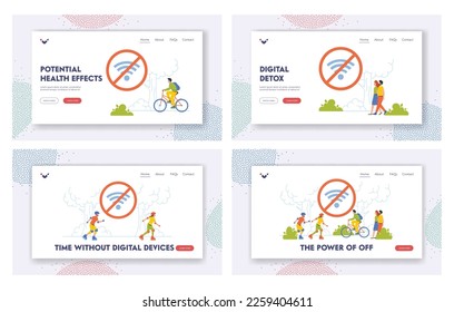 Digital Detox Landing Page Template Set. Characters Rest in Park Free of Internet. Men or Women Walking, Cycling and Rollerblading Taking Break from Social Networks. Cartoon People Vector Illustration