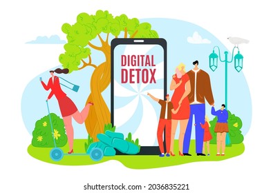 Digital detox, leave internet technology, vector illustration, tiny flat man woman character stop using huge smartphone, mobile device.
